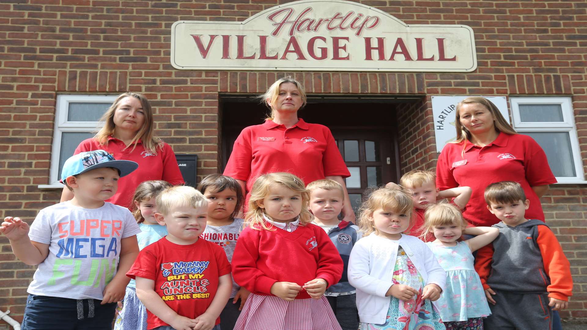 Gaynor Swan, Donna Brazier and Amanda Tindall with some of the children at Hartlip Pre-school