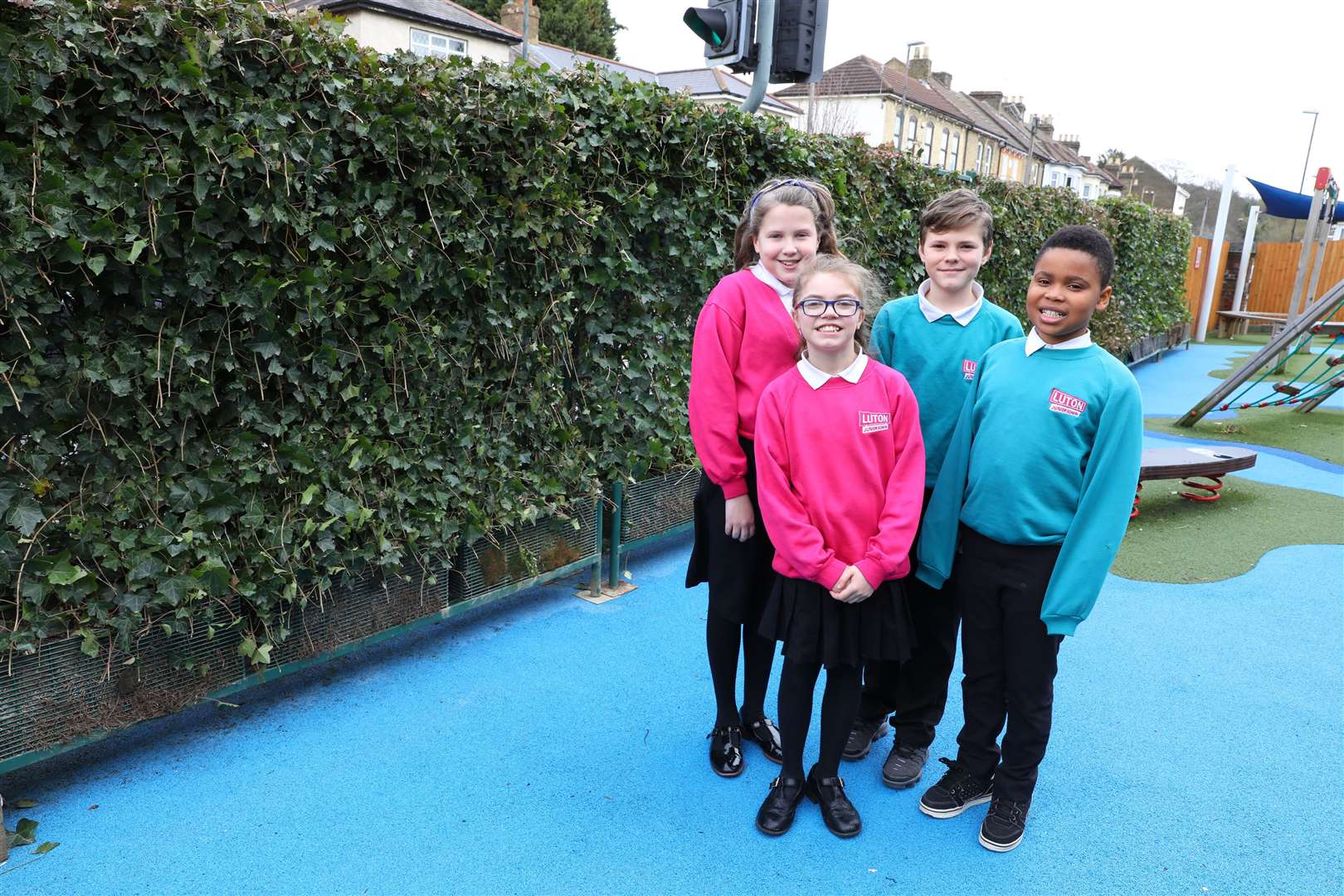 The new green wall at Luton Primary School. Pictured are Alicia, Emily, Glenn and Darasimi. Picture: Andy Jones