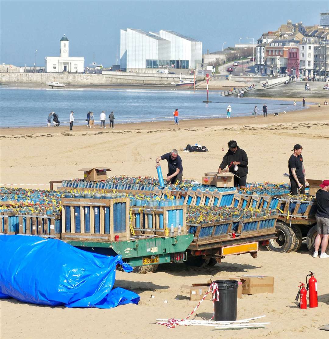 Crews rig up the fireworks ready to illuminate the sky over Margate. Picture: Frank Leppard Photography