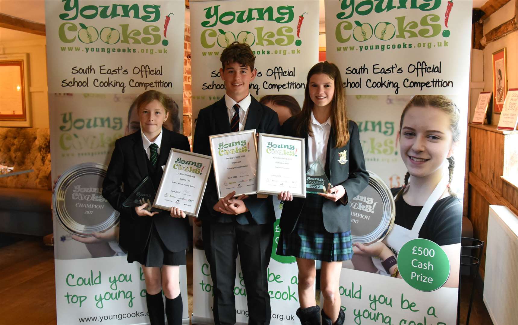 Young Cooks 2022 finalists and winners Sophia Lee, Thomas White and Abbie Latymer at the culinary showcase. Picture: KM Charity Team