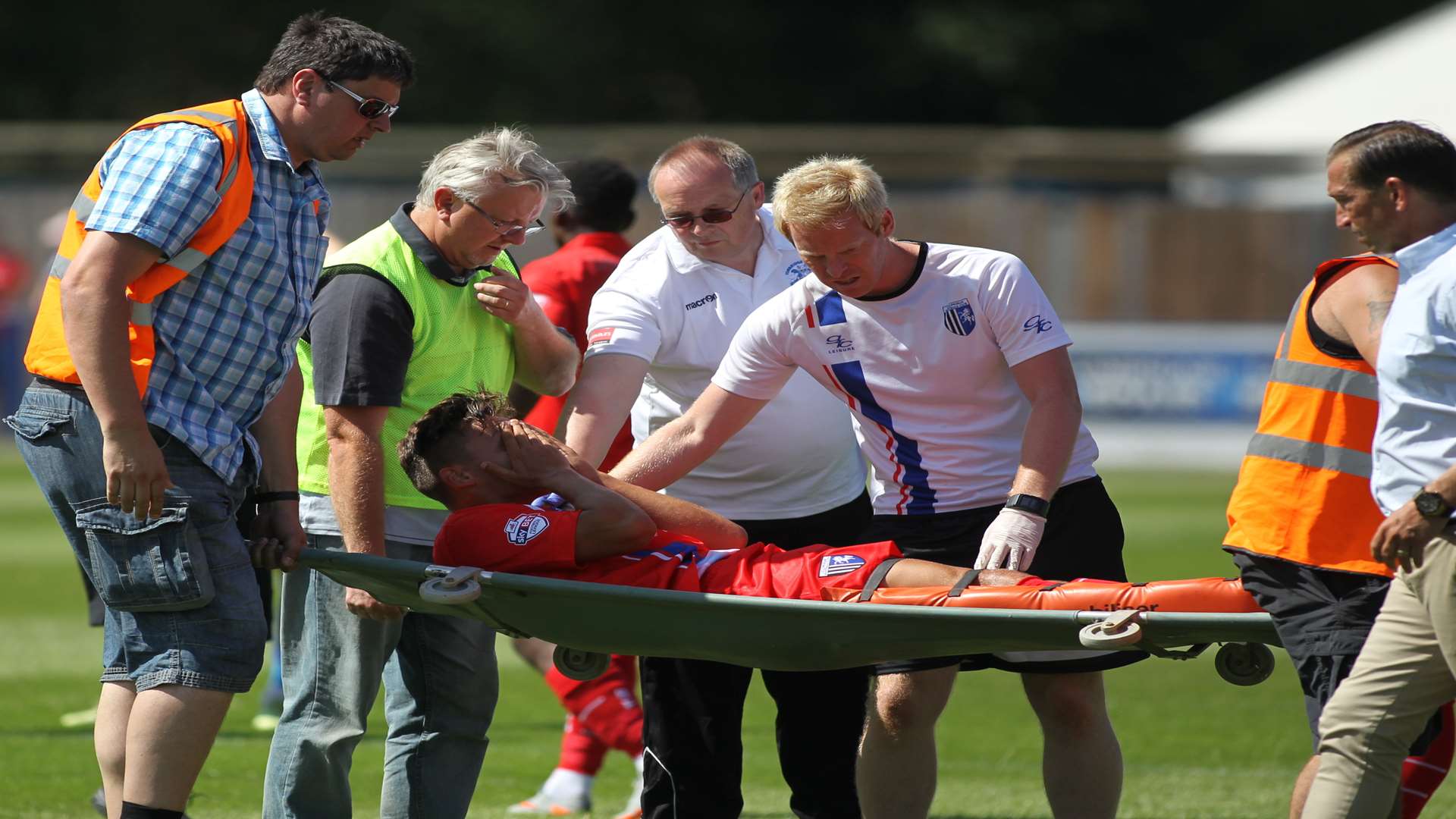 Josh Hare is stretchered off at Tonbridge on Saturday. Picture: John Westhrop