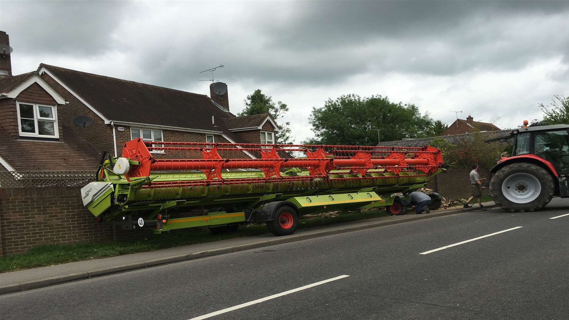 A section of the combine harvester "sheered off"