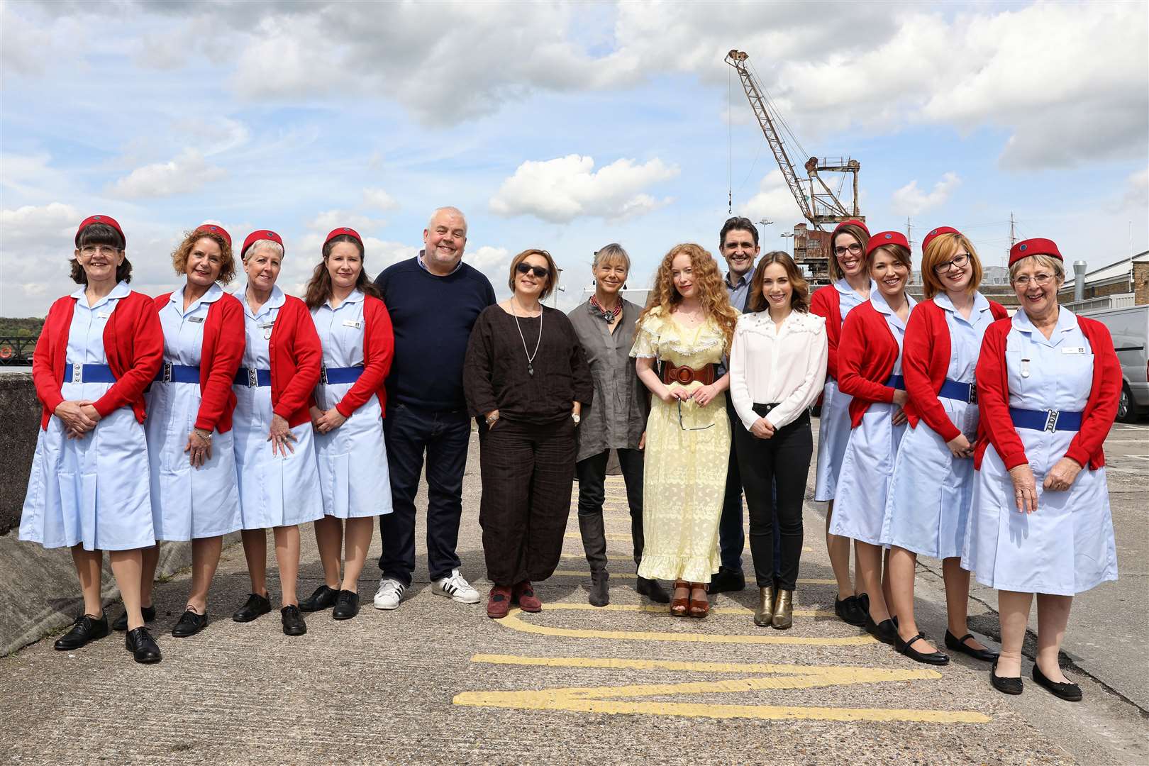 Call the Midwife exhibition and tours launch at Chatham Historic Dockyard - the cast with the dockyard tour guides (14275482)
