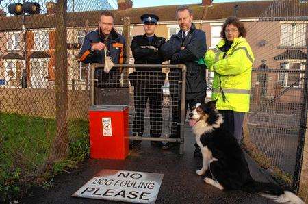 Environment warden Daniel Bacon, PCSO Robert Holmes, dog warden Tim Oxley and Pearl Morgan with Prince