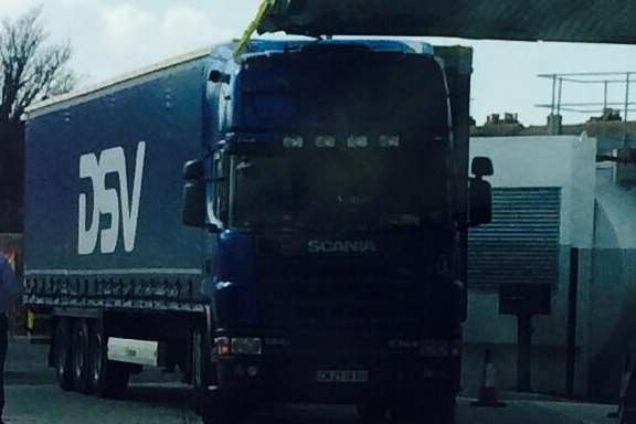The lorry gets trapped at the petrol station. Picture: @mellystar1