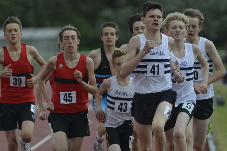 Action from the under-15 boys' 1,500m at the Kent Championships Picture: Gary Browne