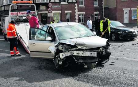 One of the cars involved in the collision