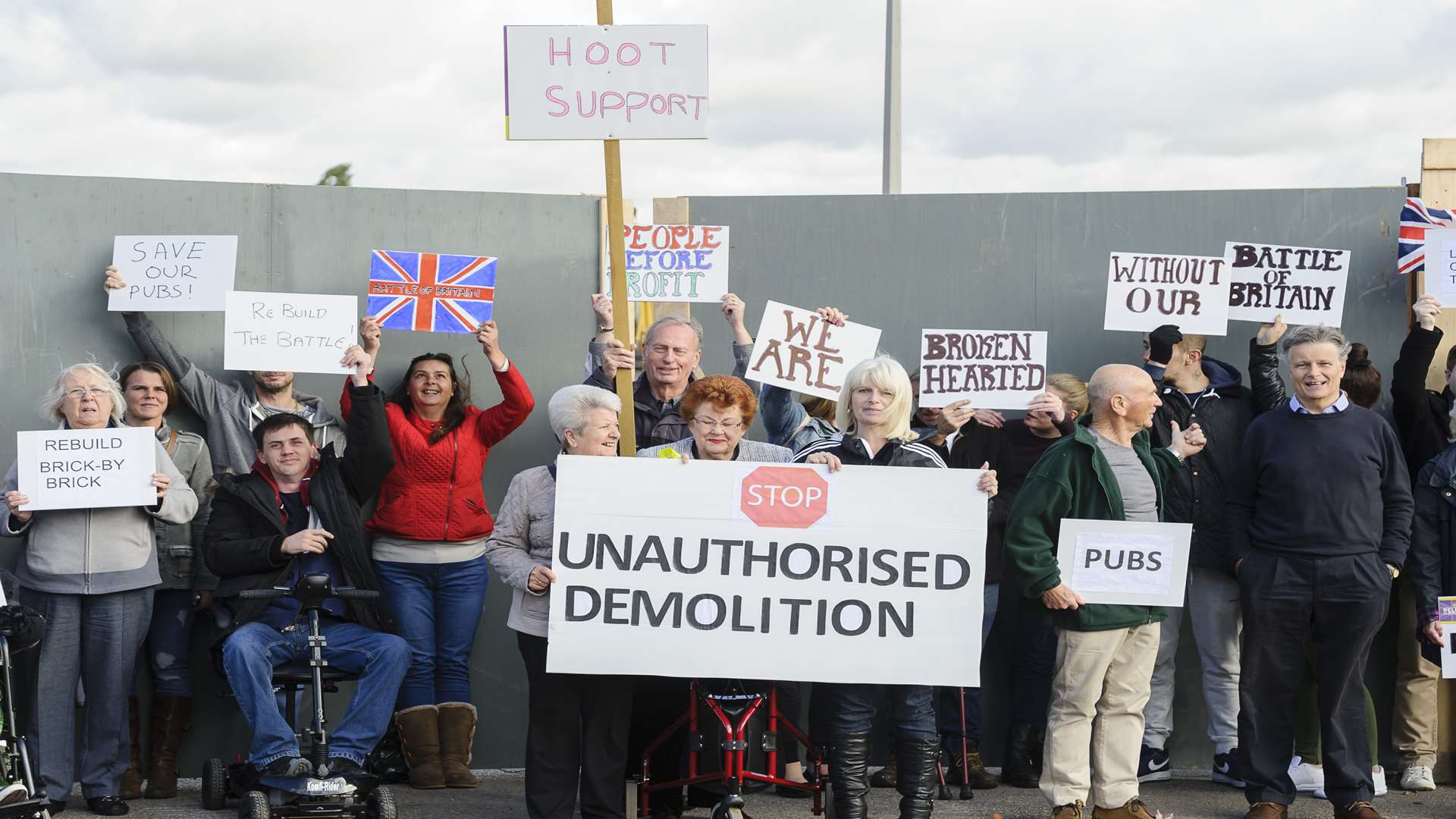 Demonstrators outside the site of the former Battle of Britain pub, Coldharbour Road, Northfleet.