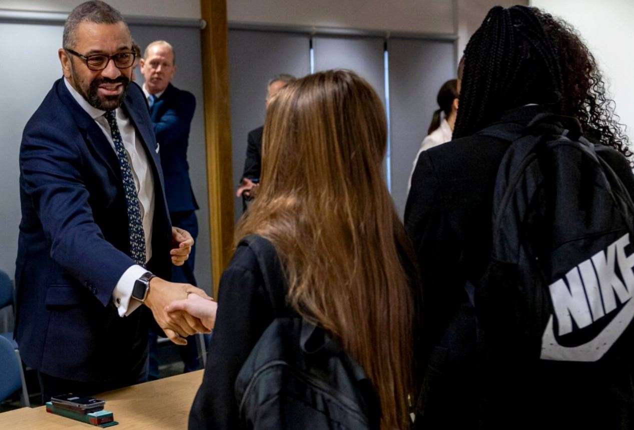 Home Secretary James Cleverly spoke with pupils during the “last minute” visit. Picture: Home Office