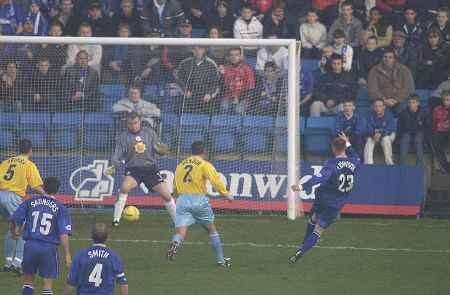 GOAL!: Tommy Johnson puts Gillingham ahead on 24 minutes. Picture: PAUL DENNIS