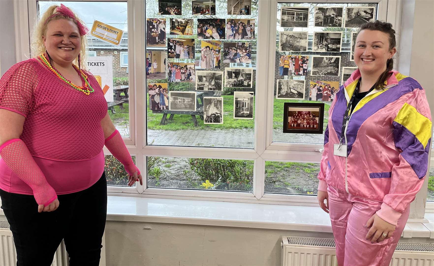 Admin assistant Vix Hopkins and receptionist Rebecca Salter wear fashions from the eighties at Temple Hill Primary Academy in St Edmunds Road, Dartford
