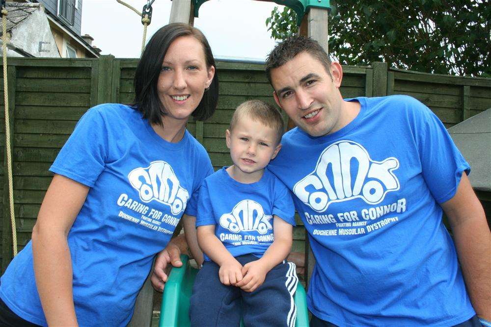 Connor Olsen, four, with mum and dad Georgina and Wayne, from Westgate. He was diagnosed with a rare muscular wasting disease Duchenne muscular dystrophy in March 2013 and his family and the Thanet community are rallying to support the Caring For Connor Campaign towards the best possible treatment for him