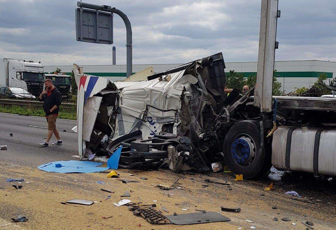 Two lorries have crashed just before the Dartford Crossing bridge in Essex, picture Paul Lucas @Torontogill