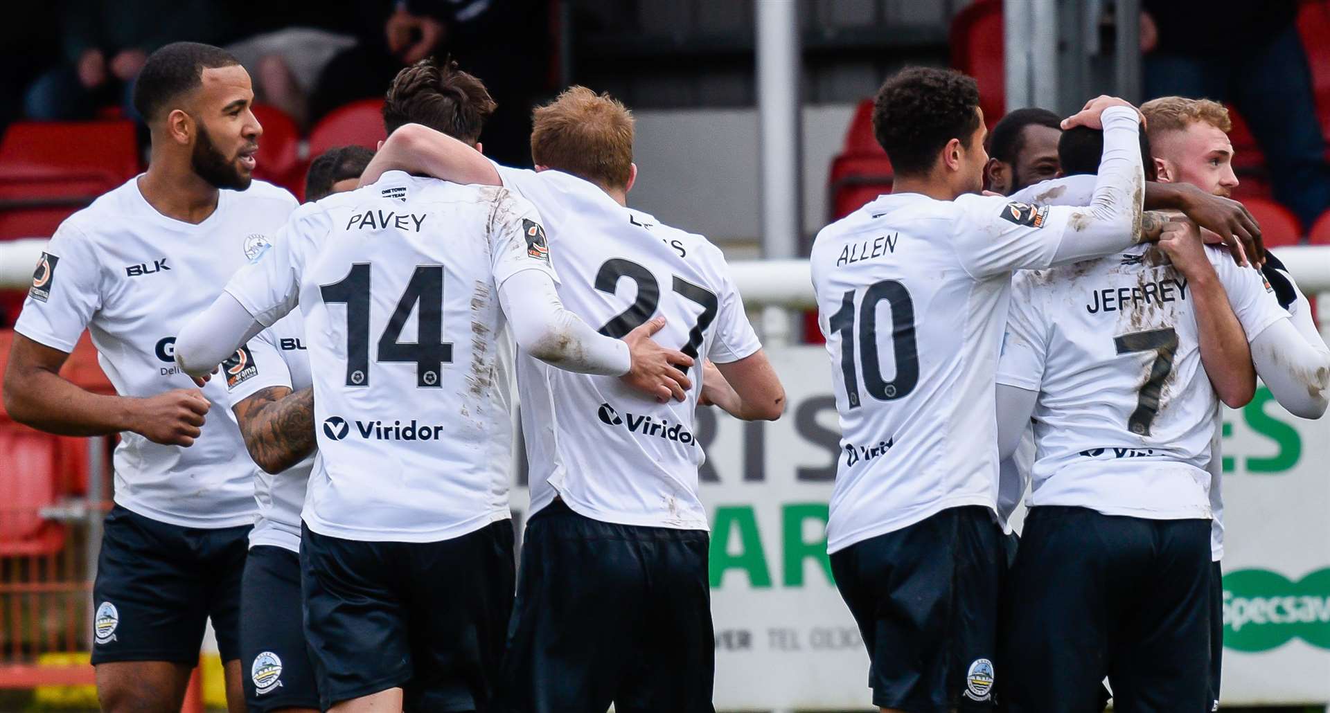 Celebrations as Dover midfielder Anthony Jeffrey adds a second goal Picture: Alan Langley