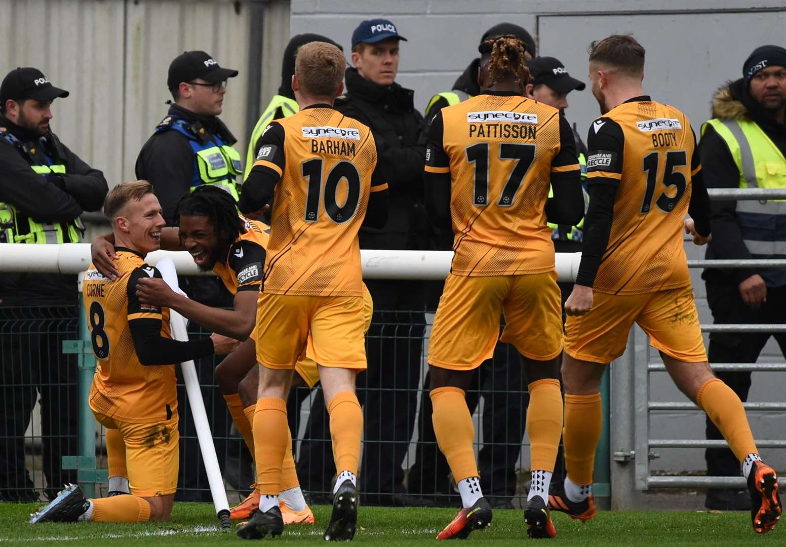 Maidstone celebrate Sam Corne's opening goal in their 3-1 defeat at Woking. Picture: Steve Terrell