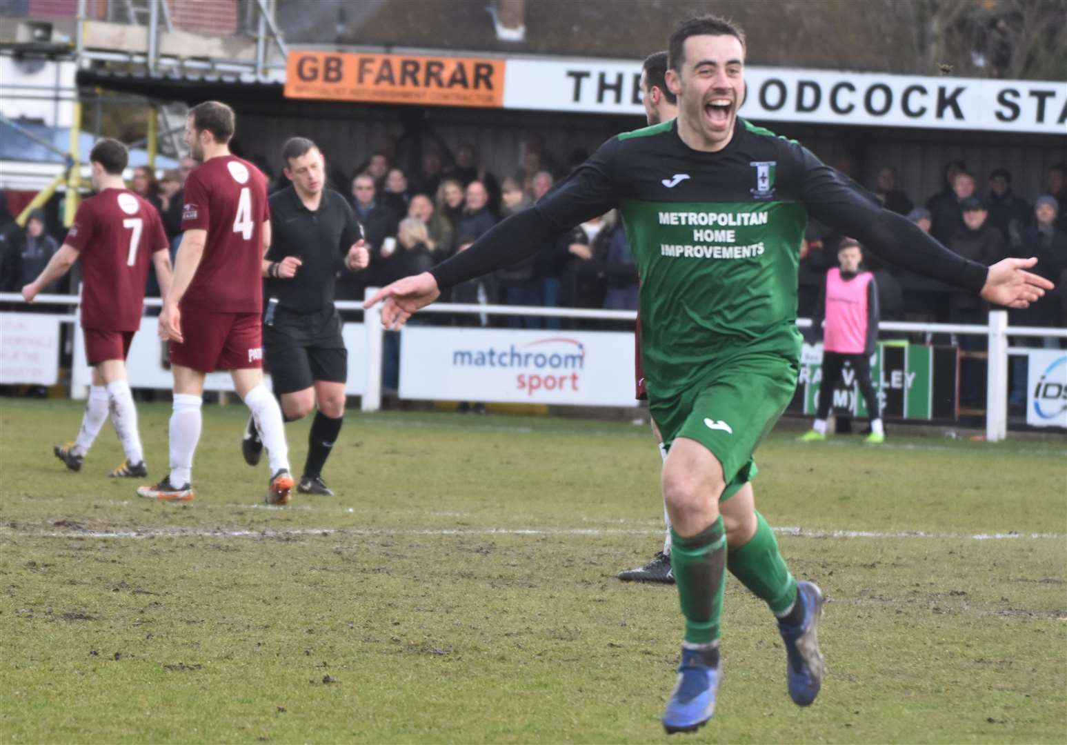Ryan Flack celebrates scoring for Cray Valley against Canterbury. Picture: Alan Coomes