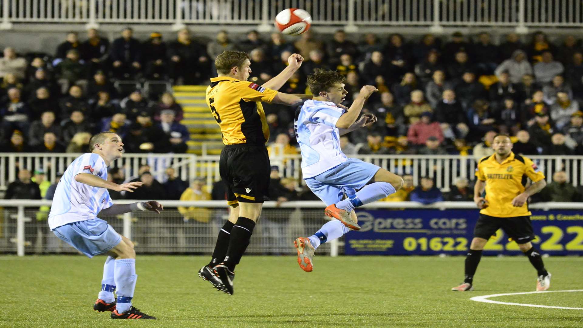 Johan ter Horst gets airborne during Folkestone's play-off defeat at Maidstone in April 2013 Picture: Martin Apps