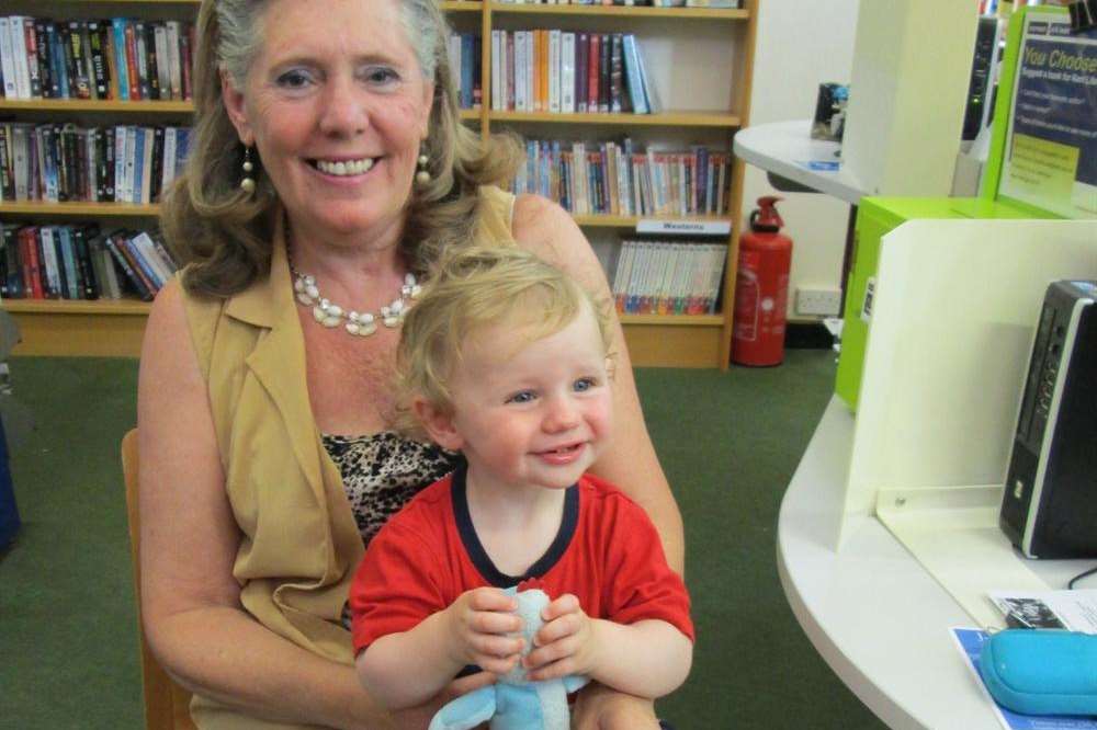 One-year-old Jacob Ketchell-Brown with his grandma Jennie being reunited with his beloved Iggle Piggle toy at Hythe Library