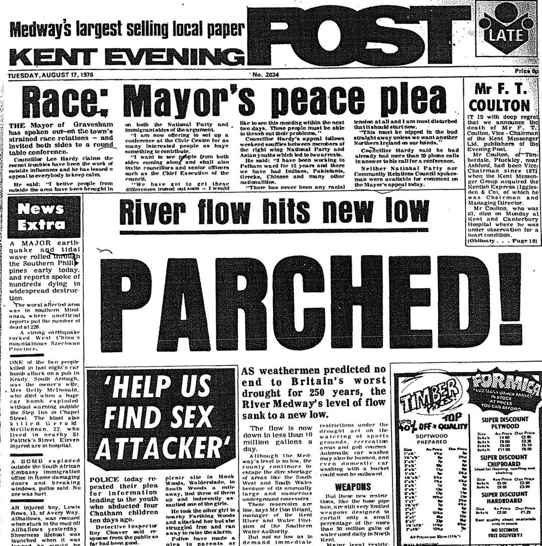 The Evening Post in Kent from August 1976 reporting on the worst drought to hit Britain for an estimated 250 years