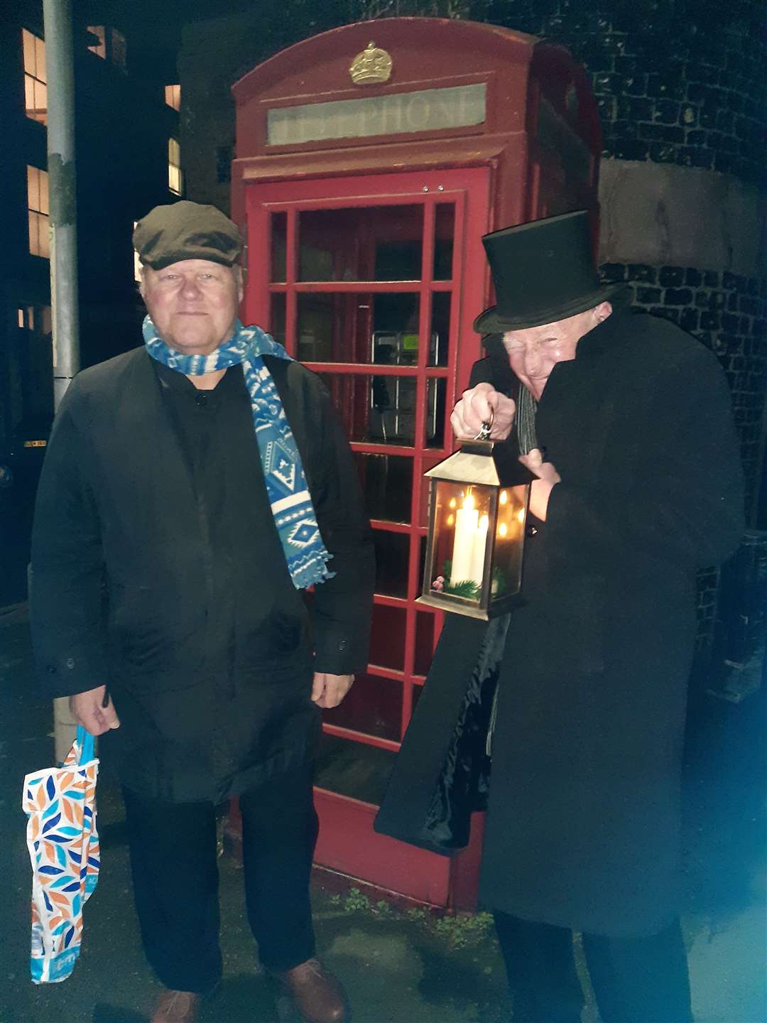 Cllr Graham Wanstall and Mr Scrooge (Bob Mouland) outside the K6 phone box on the corner of Castle Hill and Victoria Park, Dover