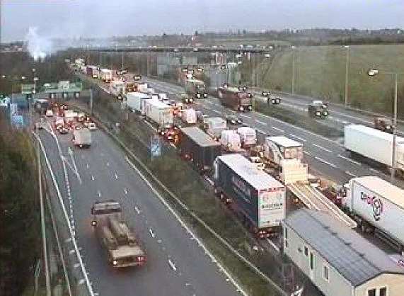 A Highways England camera shows the traffic build up caused by the car fire on the M25. Picture: Highways England