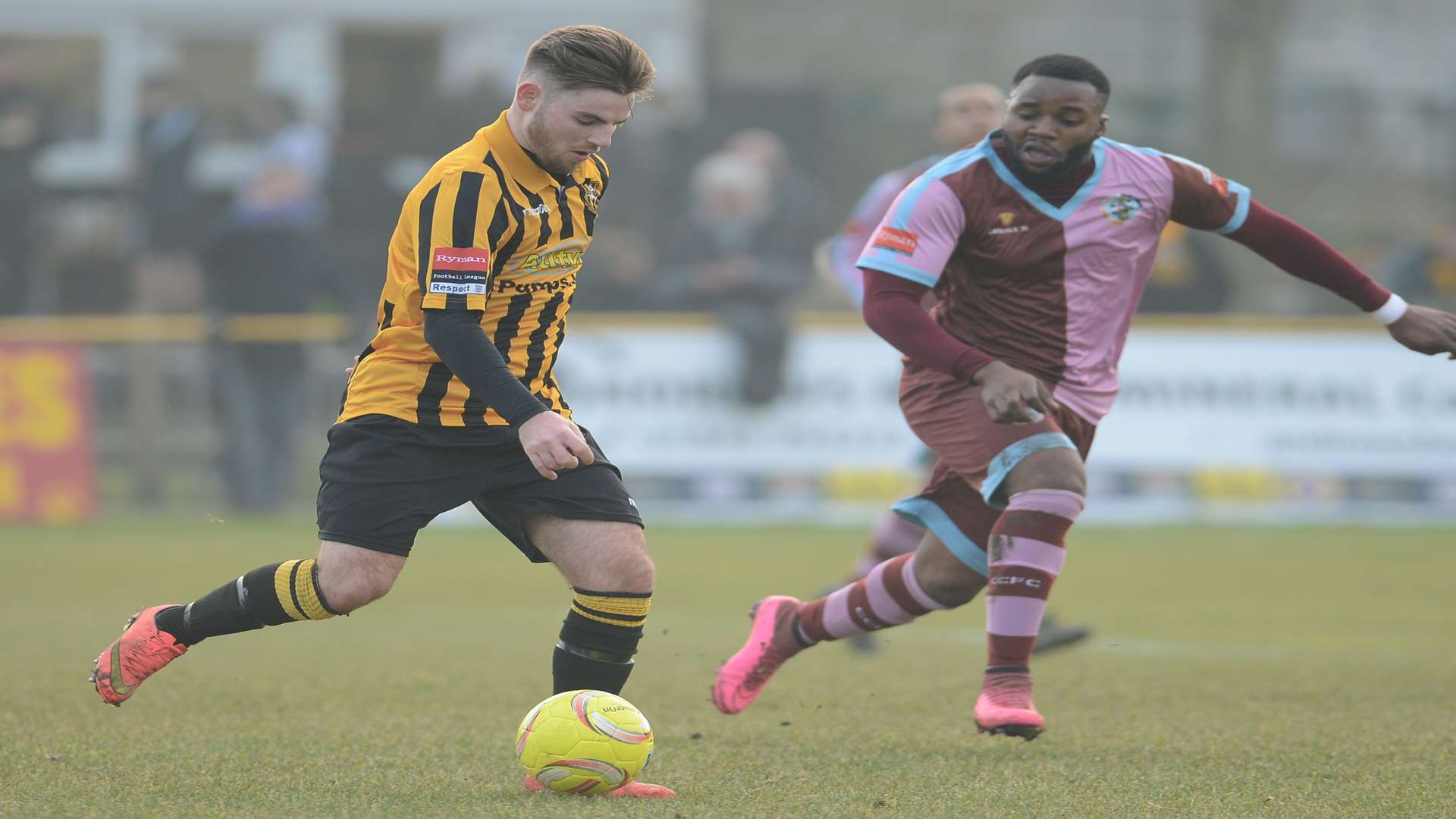 Ashley Miller on the ball during Folkestone's win over Corinthian Casuals Picture: Gary Browne
