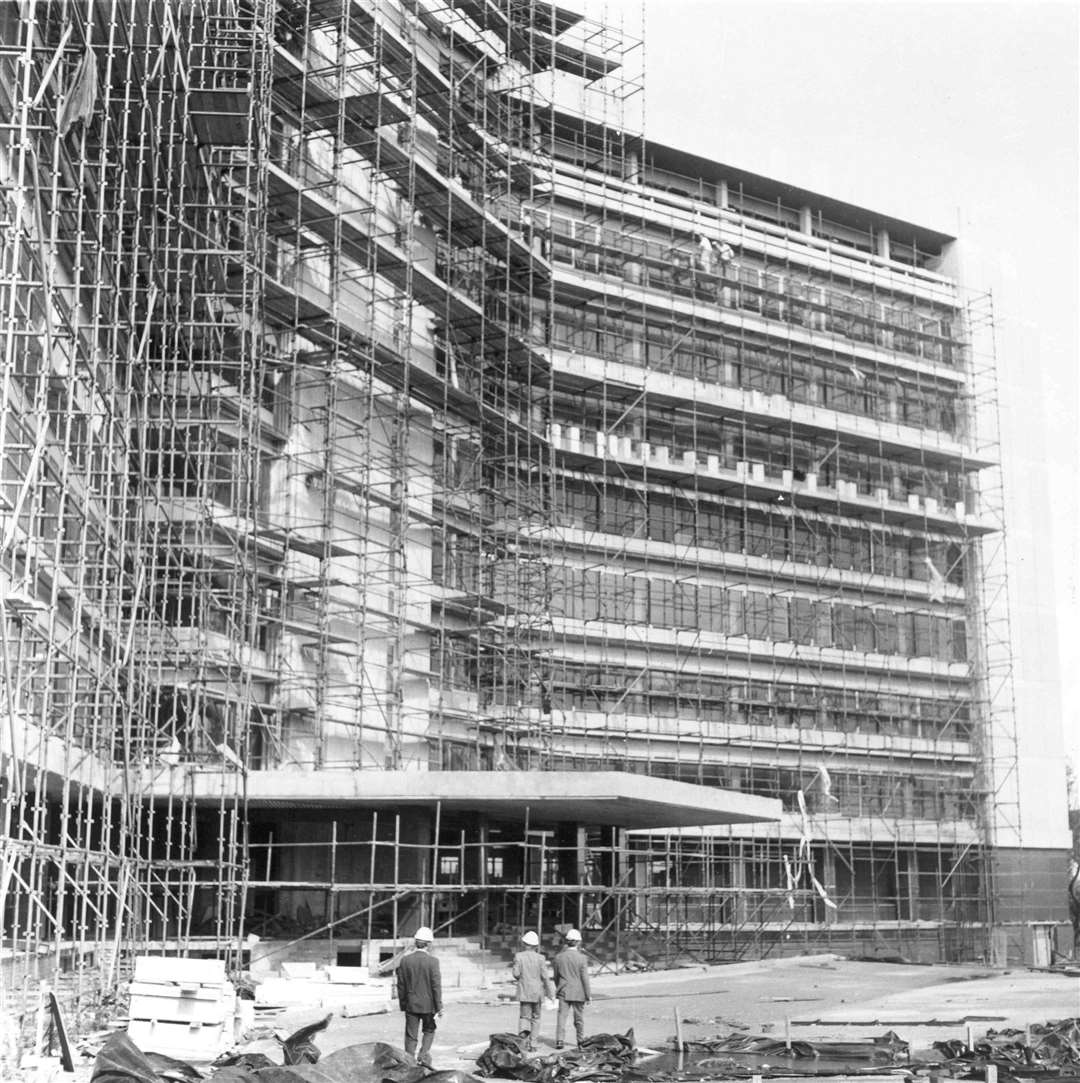 The scaffolding covered Charter House in Ashford nearing completion for Charter Consolidated in 1974. Since the mining company moved out of town, the offices have never been fully occupied. Picture: Images of Ashford by Mike Bennett