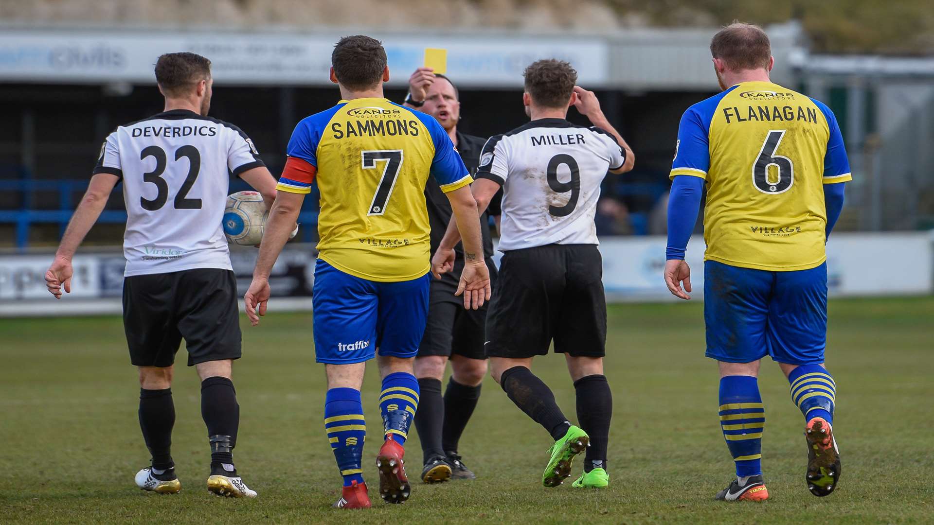 Ricky Miller is booked by ref David Rock against Solihull. Picture: Alan Langley