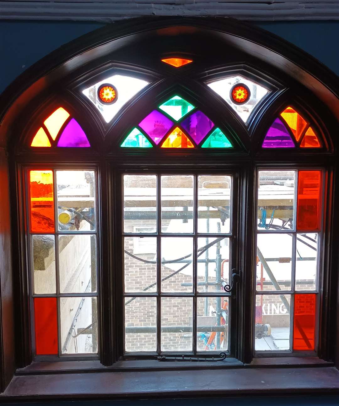 A panel from the stained glass chapel window was replaced during the renovation by Canterbury Cathedral Stained Glass Studio. Photo: Sheila Featherstone