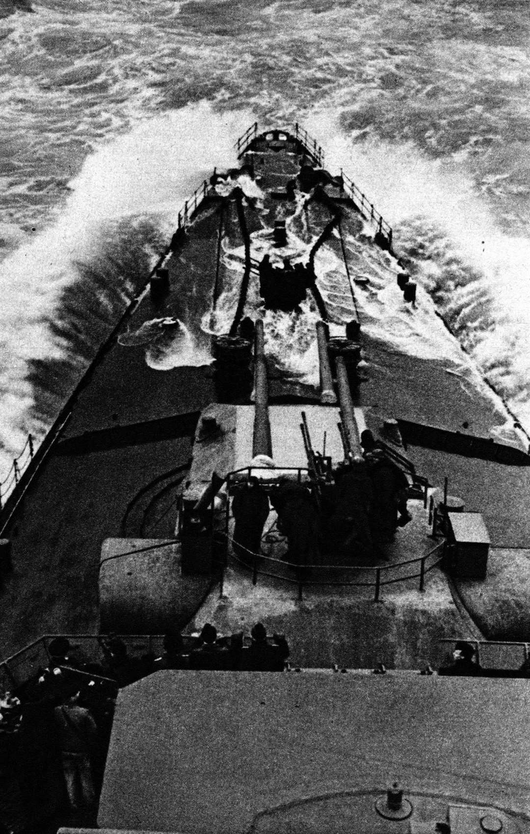 Waves crash over the bow of the Prinz Eugen during the Channel Dash in 1942. Picture: Royal Navy