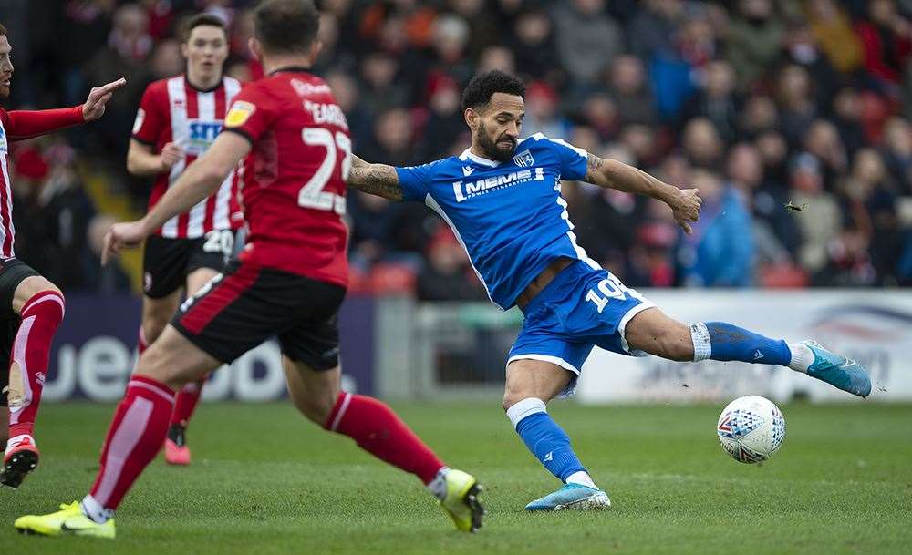 Gillingham's Jordan Roberts goes for goal in the first half at Lincoln. Picture: Ady Kerry