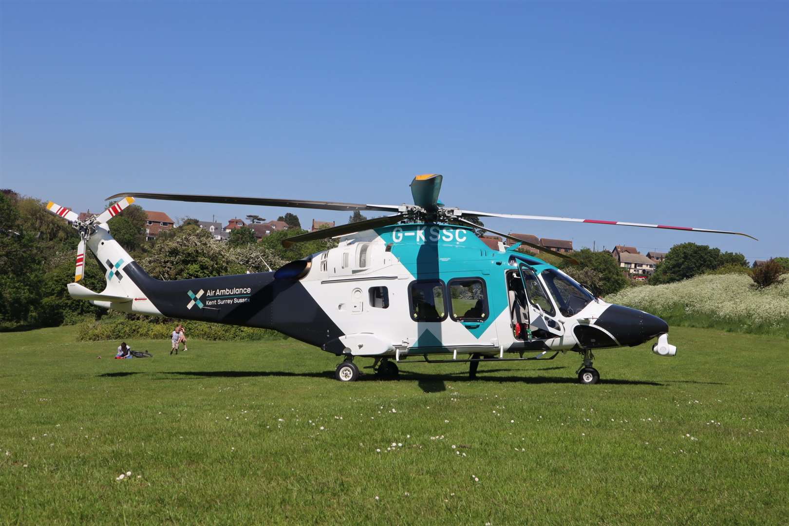 Kent Surrey and Sussex Air Ambulance helicopter landed in The Glen public park at Minster on the Isle of Sheppey