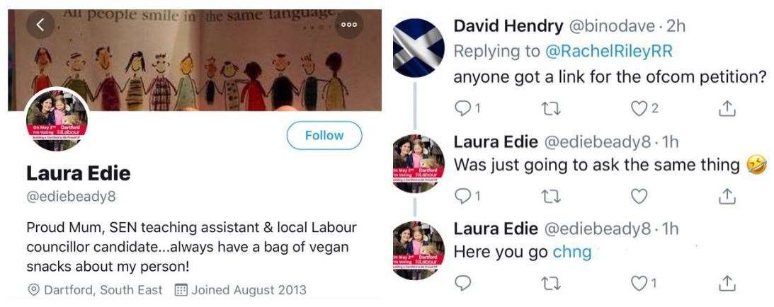 Laura Edie has deleted tweets in which she shared a petition which claims Rachel Riley is using her celebrity profile to smear The Labour Party & Jeremy Corbyn (9384788)