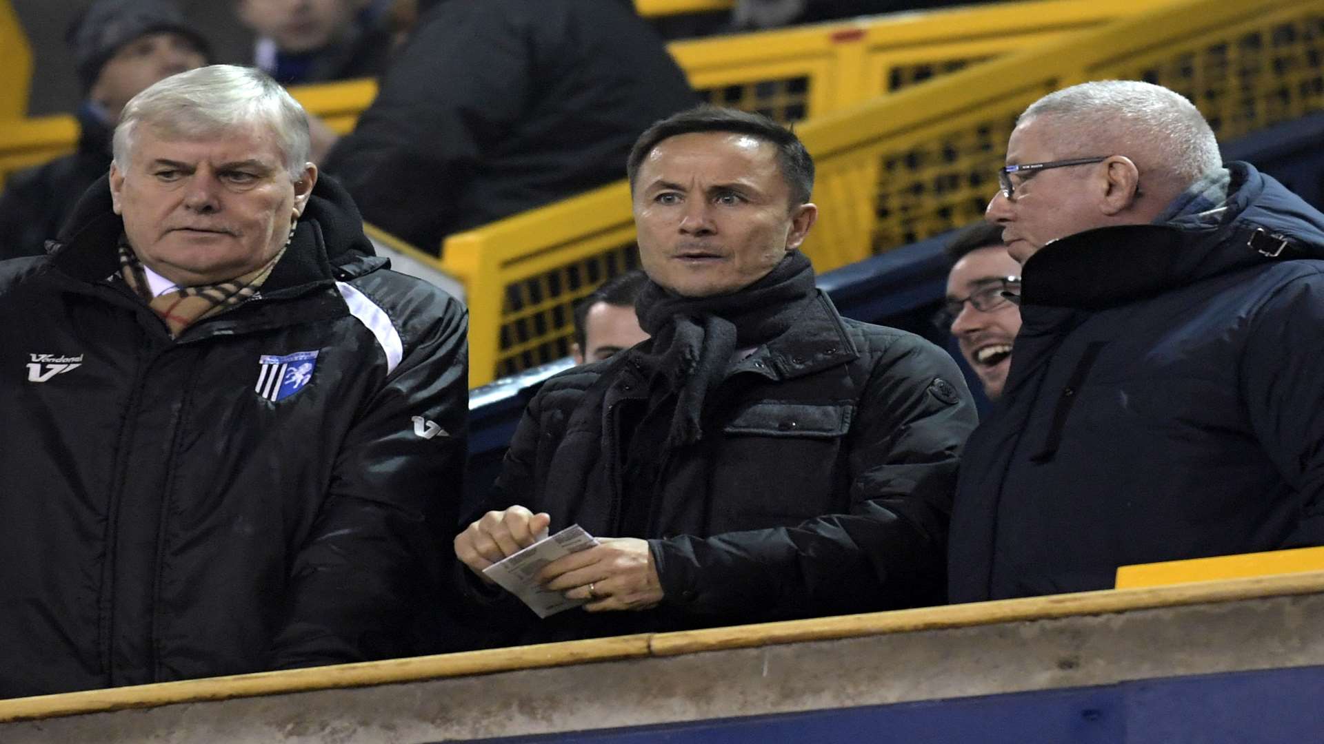 Dennis Wise, centre, with Gills chairman Paul Scally at the Millwall game last week. Picture: Barry Goodwin