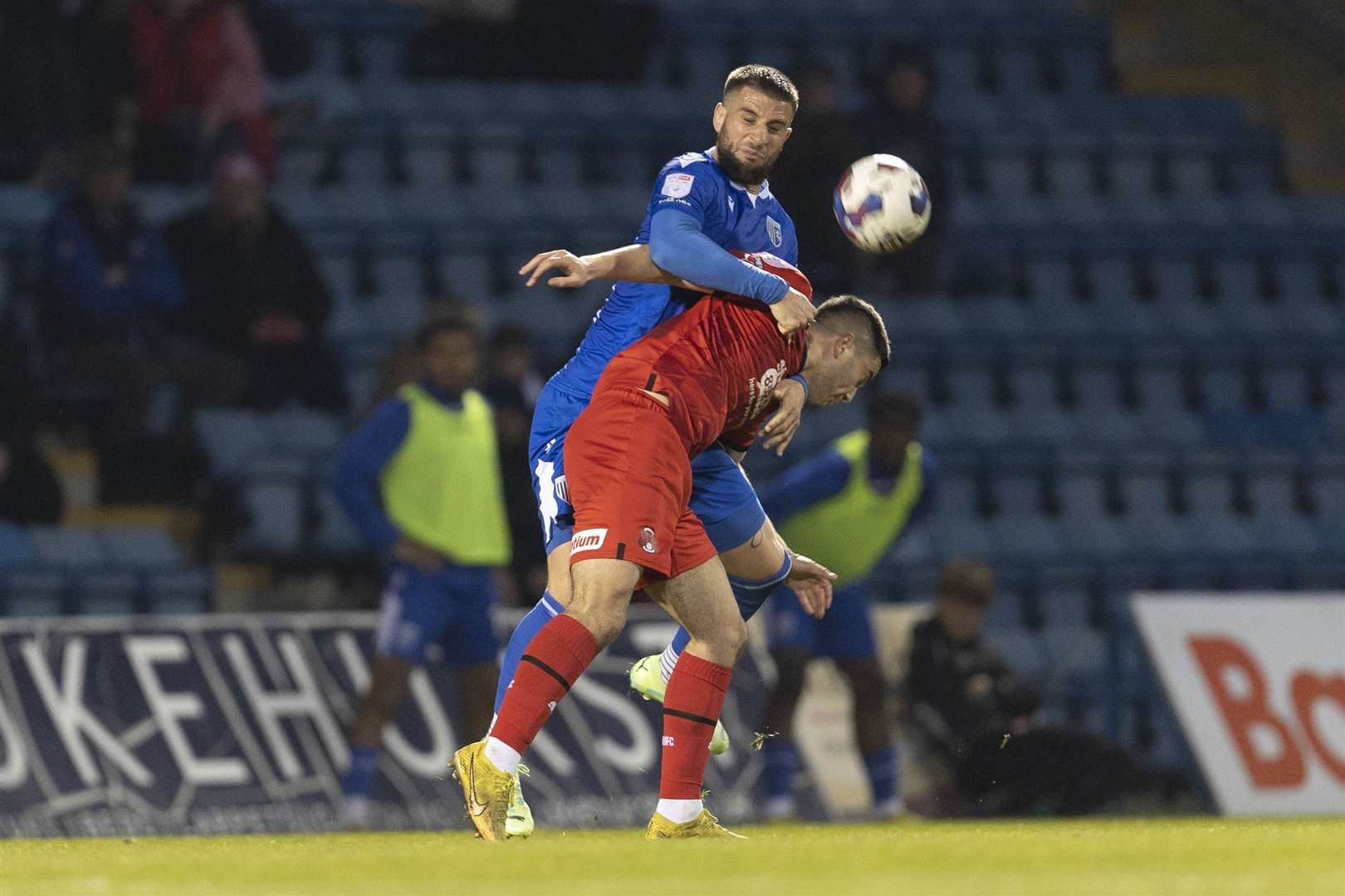 Max Ehmer challenges for the ball as Gillingham take on Leyton Orient