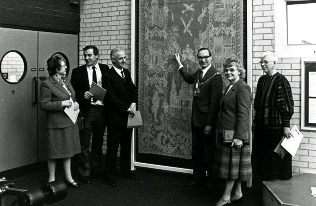 Former Mayor of Swale, Cllr Peter Morgan, and late wife June, with the Battle of Britain lace panel in Sheppey Healthy Living Centre