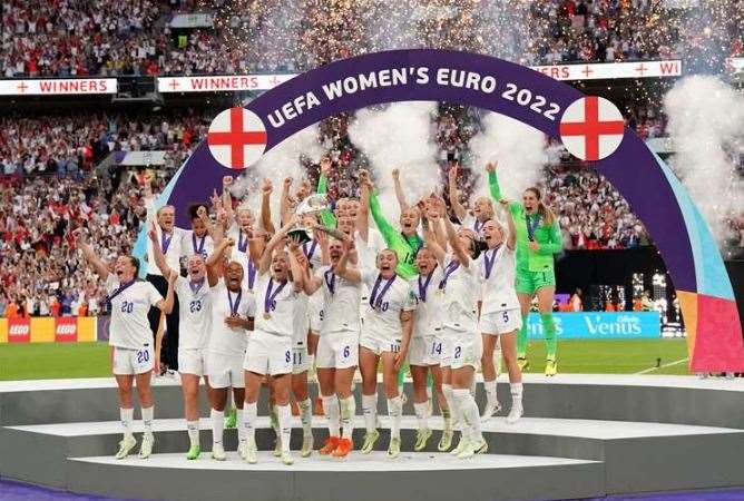 Alessia Russo, front left, and the Lionesses have been praised after their record-breaking Wembley win. Picture: PA Images/Jonathan Brady