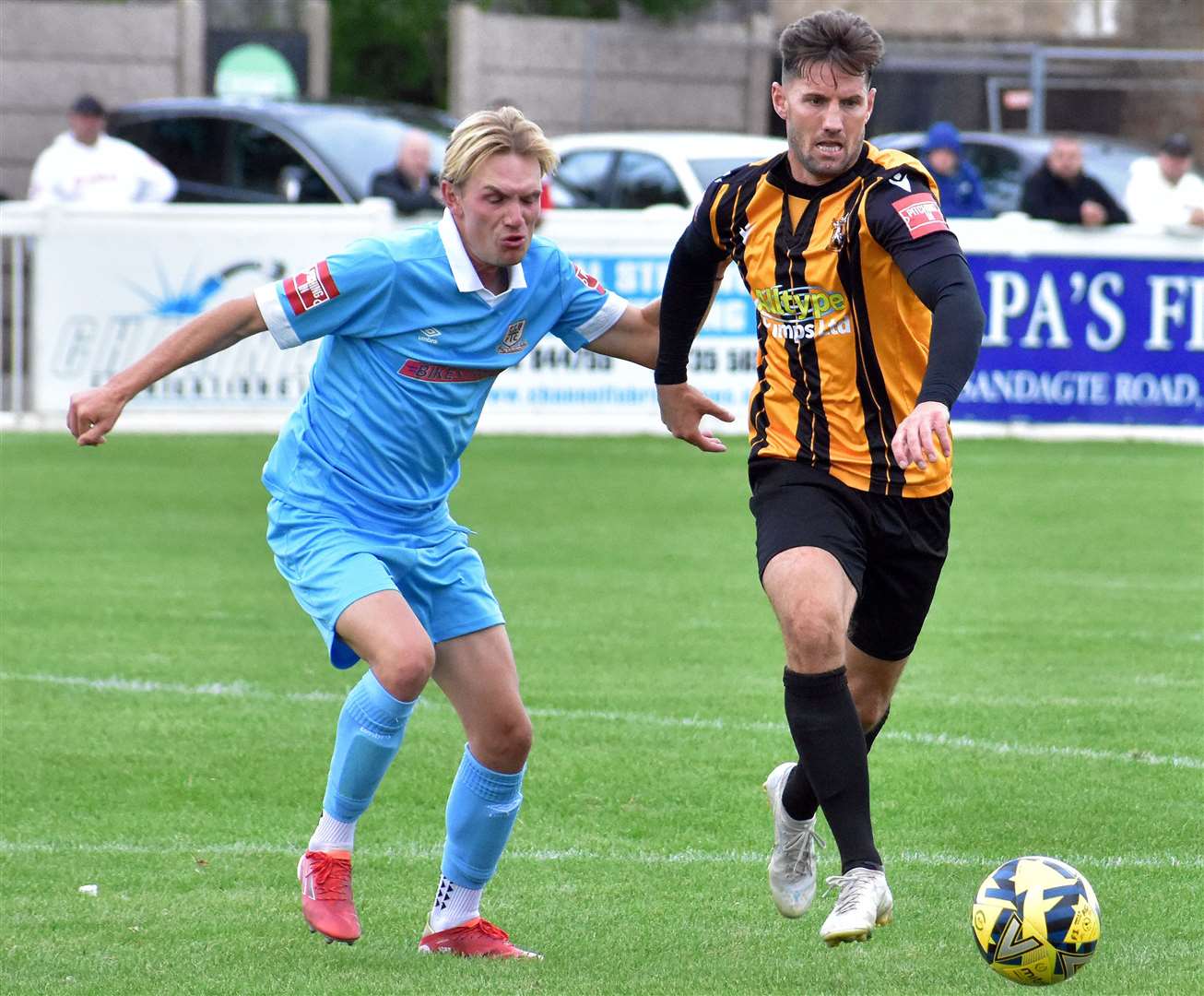Folkestone's James Rogers, right, on the ball in their home defeat to Potters Bar. Picture: Randolph File