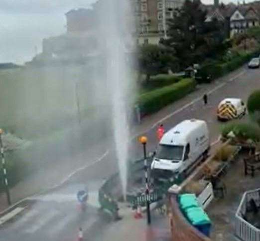 Water can be seen spraying in the air due to a leak in Broadstairs. Picture: Claire Phillpott