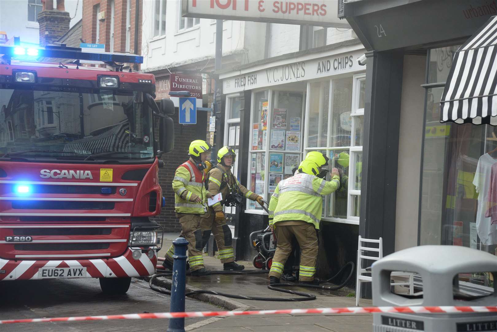The scene in Harbour Street, Whitstable following a fire at VC Jones fish and chip shop. Picture: Chris Davey