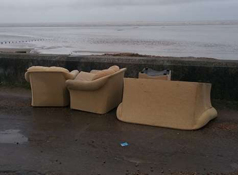 A sofa, two armchairs and a foot stall left on the seafront at Littlestone. Picture: Jason Elliott