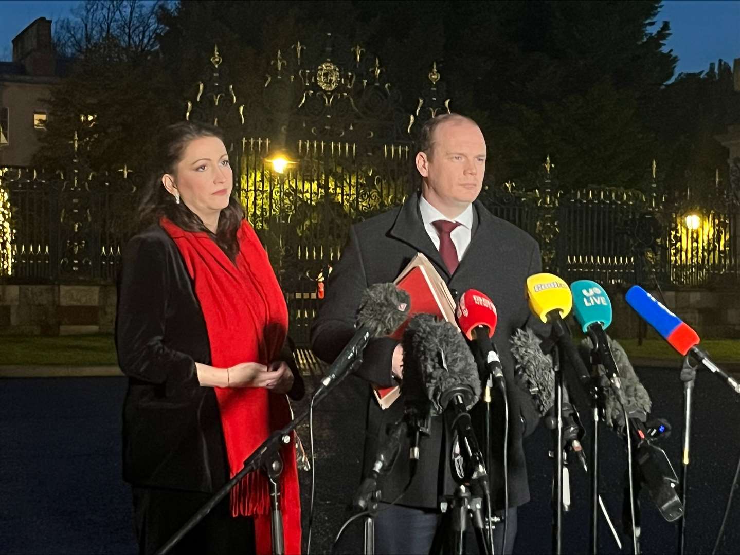 DUP MLA Gordon Lyons with party colleague Emma Little-Pengelly speaking to the media outside Hillsborough Castle (Claudia Savage/PA)