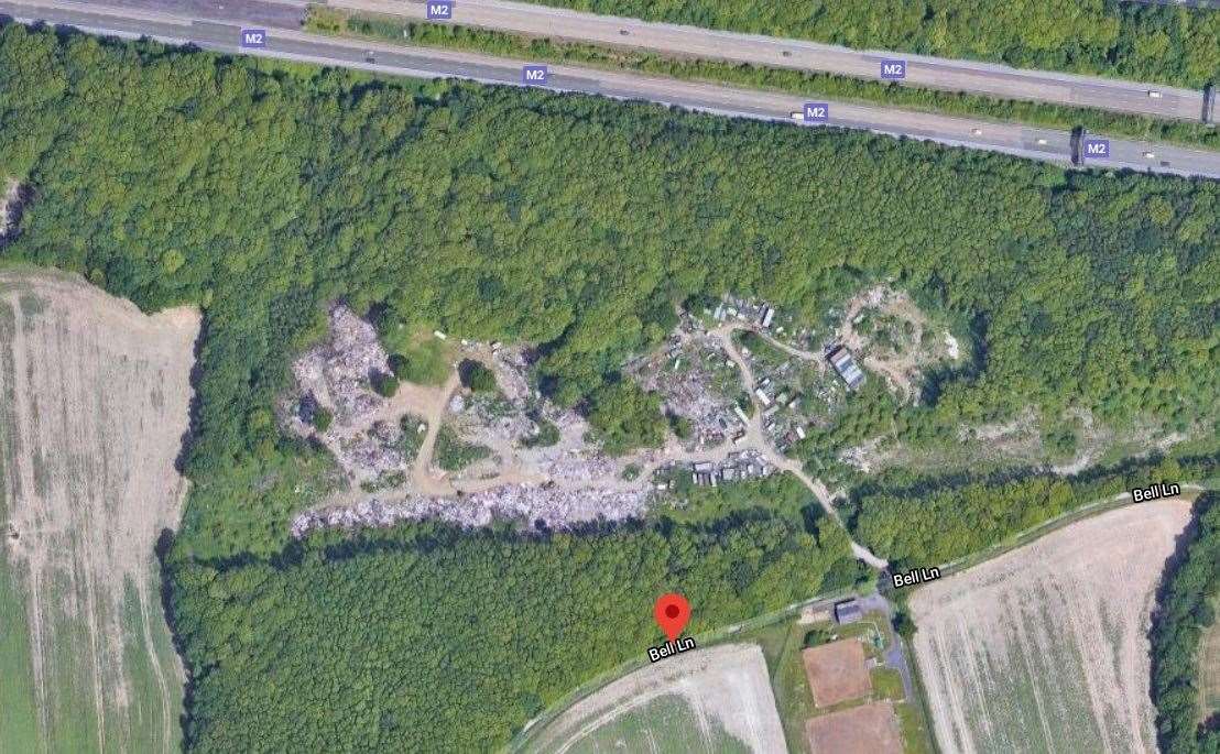 Boxley Wood between Bell Lane and the M2 at Maidstone where farmer Langley Beck is alleged to be processing waste in an Area of Outstanding Natural Beauty. Picture: Google Earth