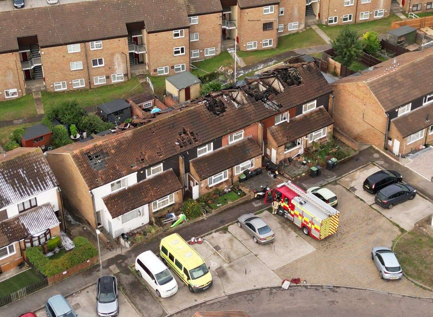 Drone footage shows the devastation left behind by the fire in Rose Street, Northfleet. Picture: SkyShark Media Aerial Imagery