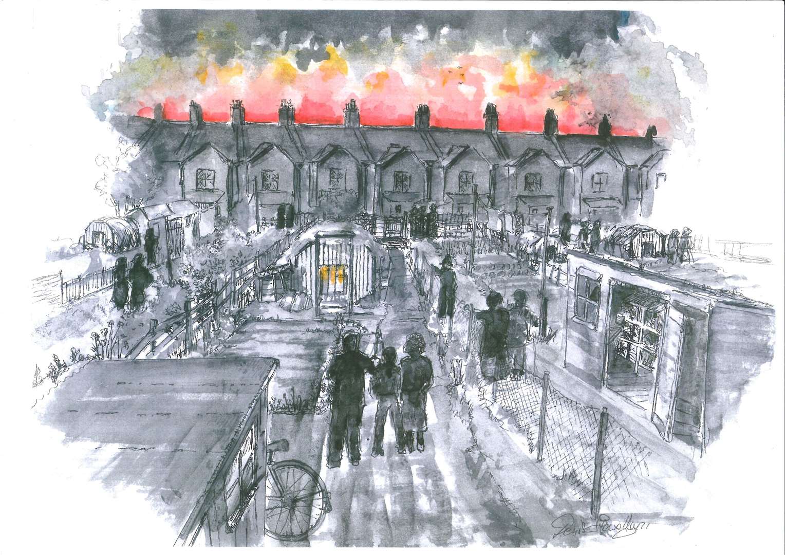 People watching the fire burning in London in a painting by Denis Llewellyn