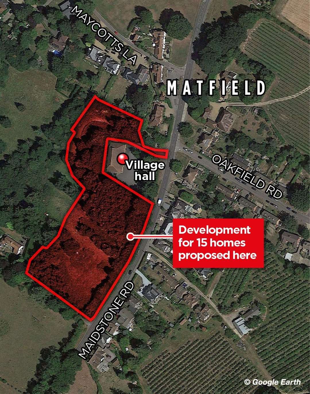 The red outline marks the boundary of the application site off Maidstone Road, Matfield