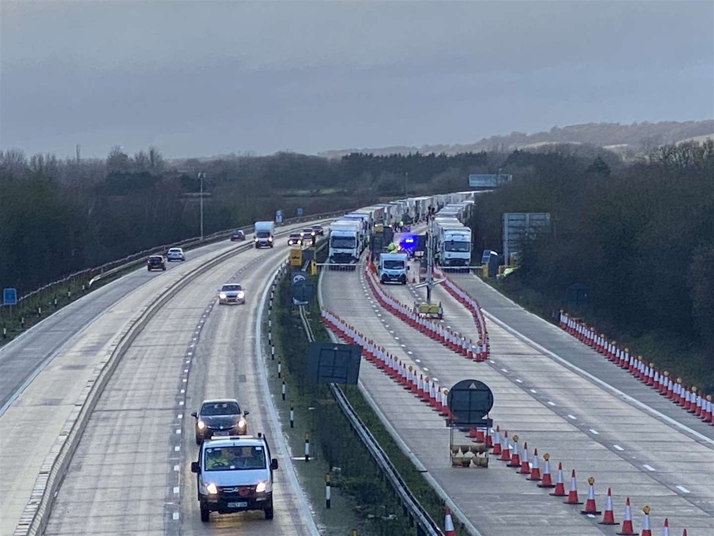 Operation Brock is in place on the M20, with hundreds of trucks being held on the coastbound side between Junctions 8 and 9. Picture: Steve Salter
