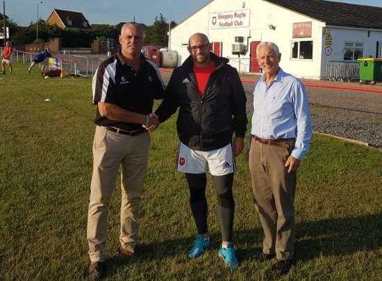 Aston Croall (centre) with Sheppey director of rugby Andy Hosken (left) and club chairman Tony Southgate