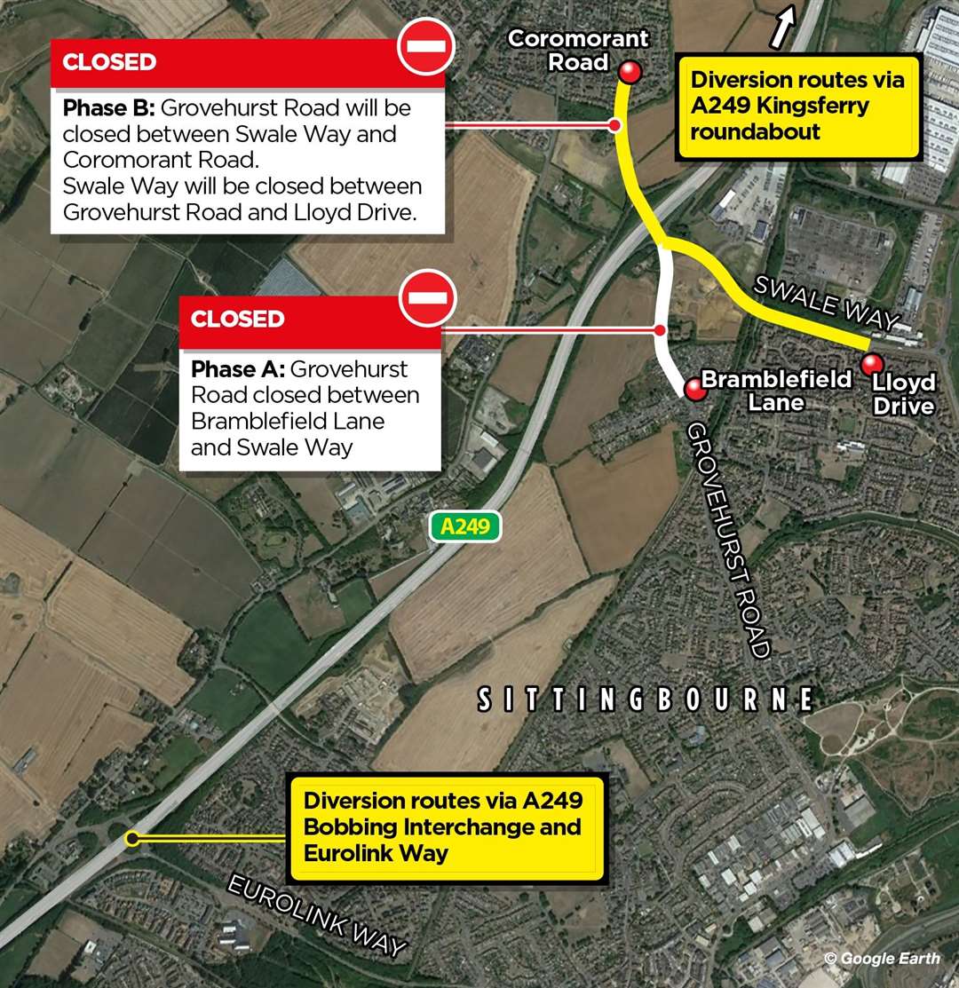 The planned road closures around Grovehurst Roundabout in Sittingbourne