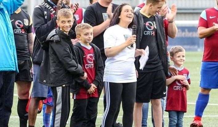 Reece Watson's mum, giving a speech ahead of the game. Picture supplied by Matthew Murray